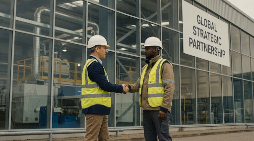 Two industrial engineers shaking hands